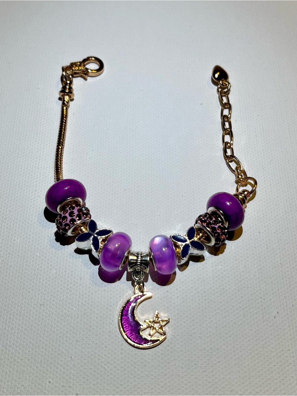 Gold-Tone Snake Chain Purple Moon & Star Charm Bracelet w/Silver & Rhinestone
